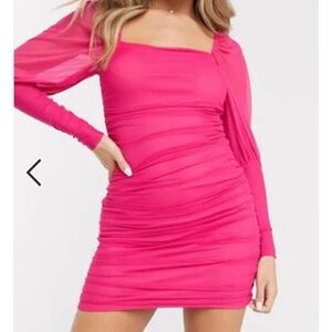 Square Neck Ruched Mini Dress In Hot Pink